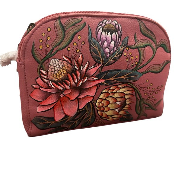 New Anuschka Hand-Painted Leather Crossbody Bag/Wristlet-Hawaiian Floral - Picture 4 of 7